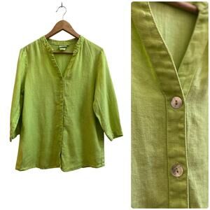 Hot Cotton Linen Lime Green V Neck 3/4 Sleeves Button Front Blouse Medium